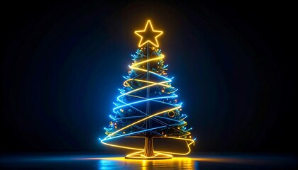 A vibrant Christmas tree, outlined in striking neon blue and yellow lights, stands against a dark backdrop, radiating festive cheer.
