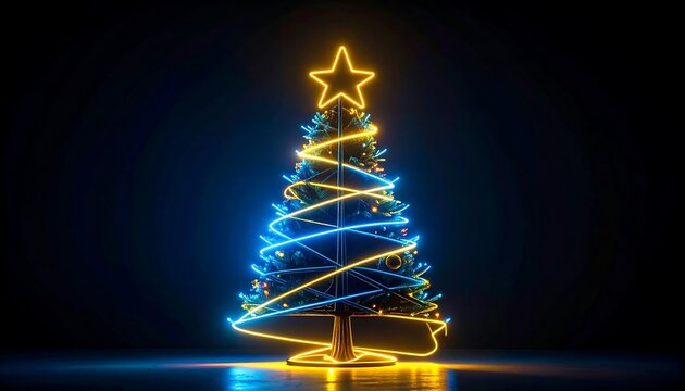 A vibrant Christmas tree, outlined in striking neon blue and yellow lights, stands against a dark backdrop, radiating festive cheer.