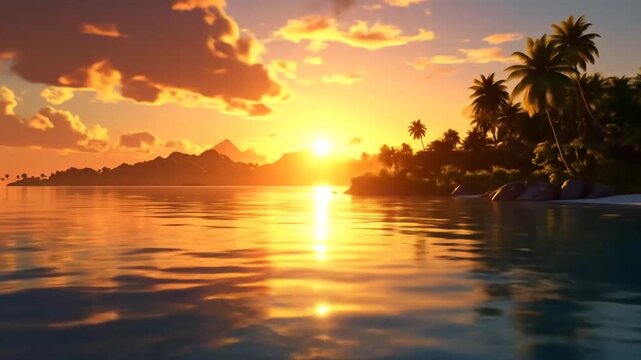 Tropical Island Sunset: Palm Trees, Ocean Reflections, Golden Hour