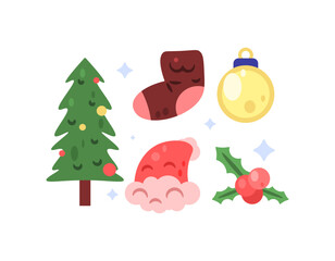 A collection or set of winter and Christmas themed design asset elements. Illustration of a Christmas tree, stocking, Santa Claus hat, decorative balls, berries. Flat design style. White background