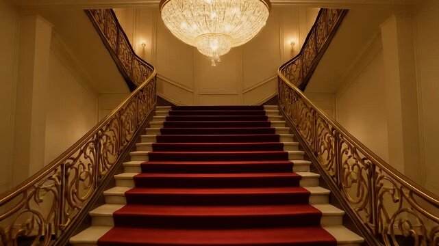 A grand curved staircase with red carpet, ornate gold railings, and a large chandelier overhead.