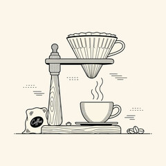 Pour Over Coffee Brewing Illustration with Cup and Coffee Beans.