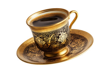 Golden coffee cup with intricate patterns filled with Arabic cardamom spiced dark coffee Qahwa placed on saucer isolated on white transparent background
