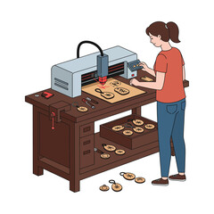 Vector art of woman operating a laser cutter to engrave intricate designs onto wooden shapes on a workbench