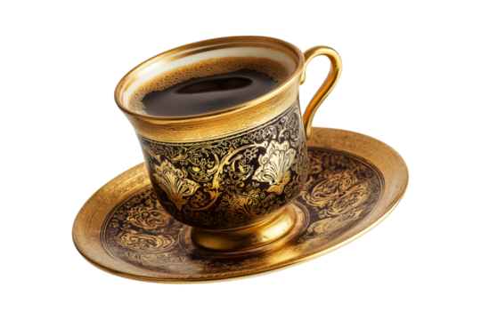 Golden coffee cup with intricate patterns filled with Arabic cardamom spiced dark coffee Qahwa placed on saucer isolated on white transparent background