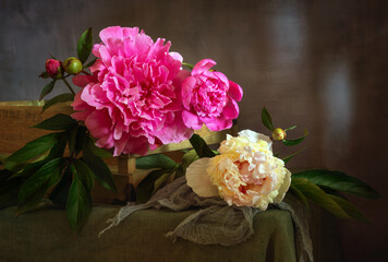Still life with a bouquet of beautiful peonies.