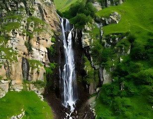 Mountain waterfall cascading down a rocky cliff face, surrounded by lush greenery