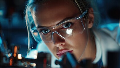 Focused female scientist conducting research in a modern laboratory setting.