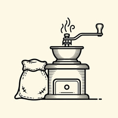 Vintage Coffee Grinder and Burlap Sack Illustration.