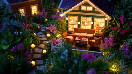 A cozy lounge area for relaxing on the terrace of a cozy house during sunset.