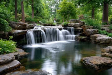 Waterfall cascades over rocks in lush green forest