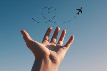 Open hand with airplane path drawing a heart, symbolizing mental health and journeys