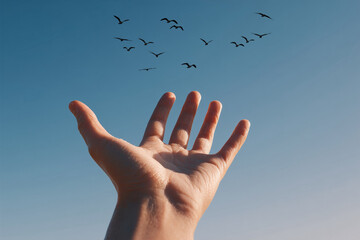 Open hand releasing birds symbolizing freedom and mental well-being