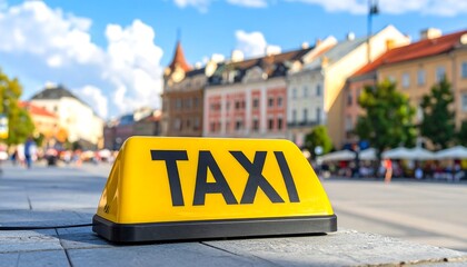 A bright yellow taxi sign stands out against a bustling city square, bathed in warm sunlight.