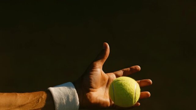 A tennis ball hovering above an open hand with a white cuff against a dark background.