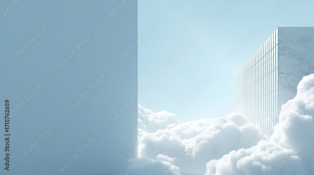 Poster modern architectural design featuring sleek buildings emerging from fluffy clouds against a bright b