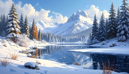 Winter wonderland lake nestled amidst snow-capped mountains