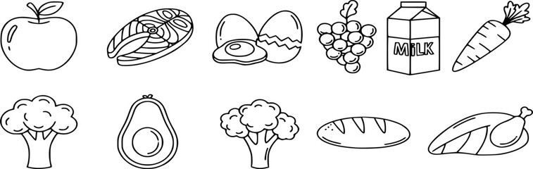 Fototapeta premium Healthy Food Line Icon Set. Vector Illustrations of Apple, Salmon, Eggs, Carrots, milk, and More Nutrition, Diet, and Balanced Eating