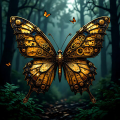 Golden steampunk butterflies with wings of gears and copper cogs flutter through a dark industrial forest, blending surreal fantasy, mechanical wonder, and atmospheric dreamlike beauty