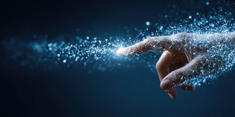 Futuristic hand dissolving into glowing digital particles abstract technology concept.
