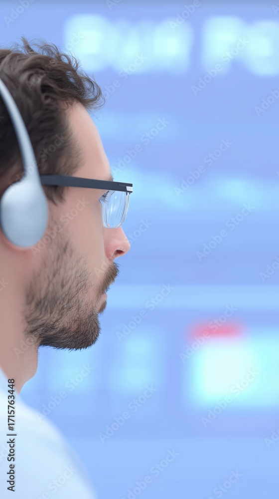Poster male professional with headset is focused on digital data analysis, surrounded by screens displaying