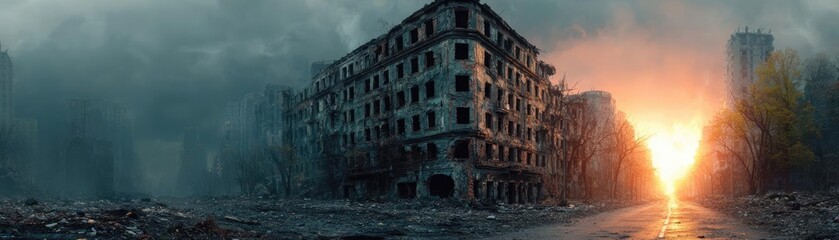 Apocalyptic view of burnt city with empty street concept. A dramatic view of a ruined building amidst smoky devastation.