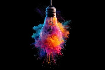 Exploding lightbulb with vibrant colorful powder cloud symbolizing creativity and innovation.