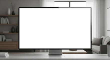 Modern computer monitor with a blank white screen on a desk, perfect for a mockup or presentation in a contemporary home office interior