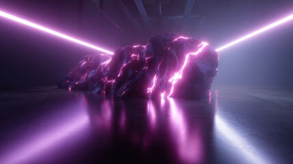 AI generative art workstation, creating 3D holographic illustrations, neon ambient lights, futuristic creative lab
