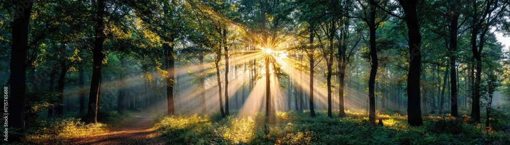 Poster sun shining through treetops with lens flare concept. serene forest landscape with sunlight filterin
