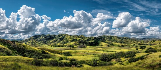 Obraz premium Green hills under a blue sky with fluffy clouds on a sunny day