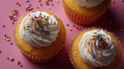 realistic top view of cupcakes decorated with icing and sprinkles