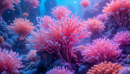 Vibrant coral reef with pink coral and blue water in a serene underwater scene
