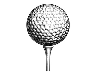 Vintage golf ball on tee, detailed line art illustration
