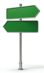 Obraz premium A metallic pole supports two blank, green, arrow-shaped directional signs pointing left and right against a white background
