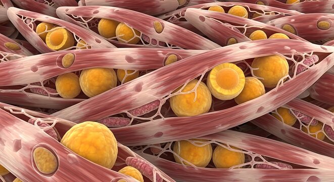 Intramyocellular Lipid IMCL Deposits in Muscle Fibers Medical Illustration of Fat Accumulation in Skeletal Muscle
