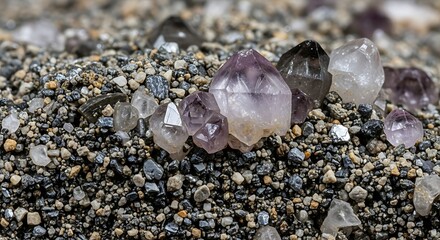 Iridescent quartz points on a bed of fine grains mineral aggregate