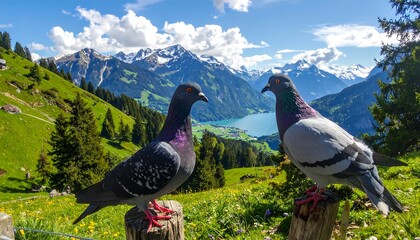 Two pigeons perched atop a wooden post, overlooking a picturesque alpine valley, with a backdrop of majestic snow-capped mountains and a shimmering lake. © Gardah