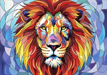 Majestic lion portrait in vibrant stained glass artistry depiction animal