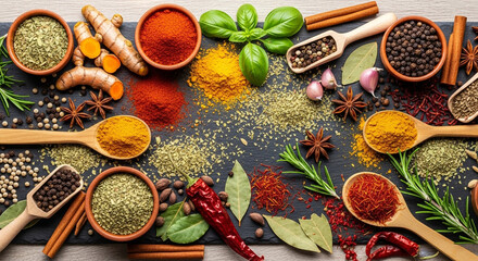 Vibrant assortment of spices and herbs for flavorful culinary creations and recipes on dark background