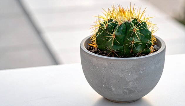 Small Barrel Cactus Potted in Cement Bowl on White Tabletop, Barrel cactus with yellow spines in grey concrete pot