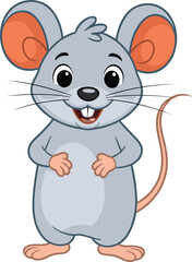 
Cheerful cute gray mouse cartoon character smiling happily, a delightful and friendly rodent illustration for children's projects.