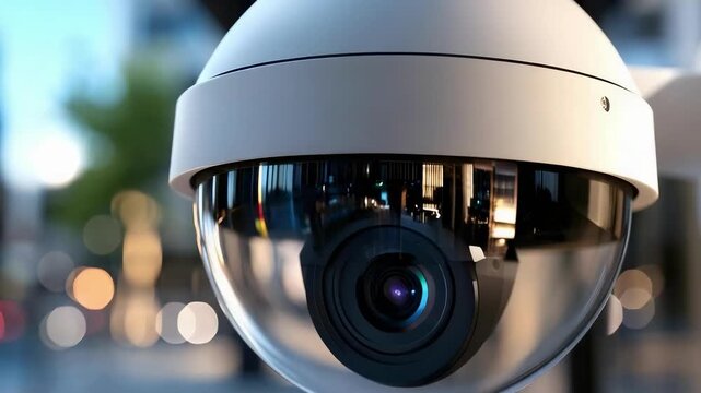 Close-up of a white dome security camera mounted outdoors.
