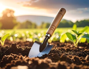 A trowel in fertile soil, vibrant sunrise