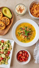 Fresh vegetable soup with avocado and sides on dining table  