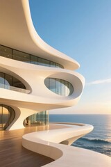 Fototapeta premium Modern curved architectural structure overlooking the ocean at sunset