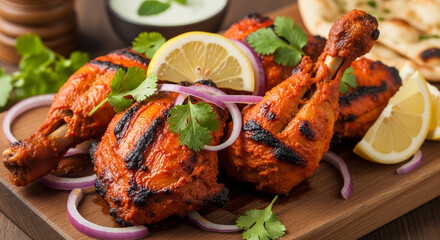 Succulent tandoori chicken legs with lemon and cilantro, a vibrant taste of Indian cuisine on wood