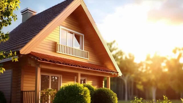 A cozy wooden house with a steep pitched roof and front porch, bathed in bright sunlight, surrounded by neatly trimmed shrubs.
