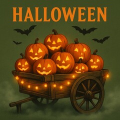 Halloween Card with Pumpkins and Wooden Cart