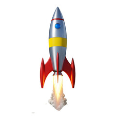 Retro rocket ship blasting off with fiery exhaust against black background